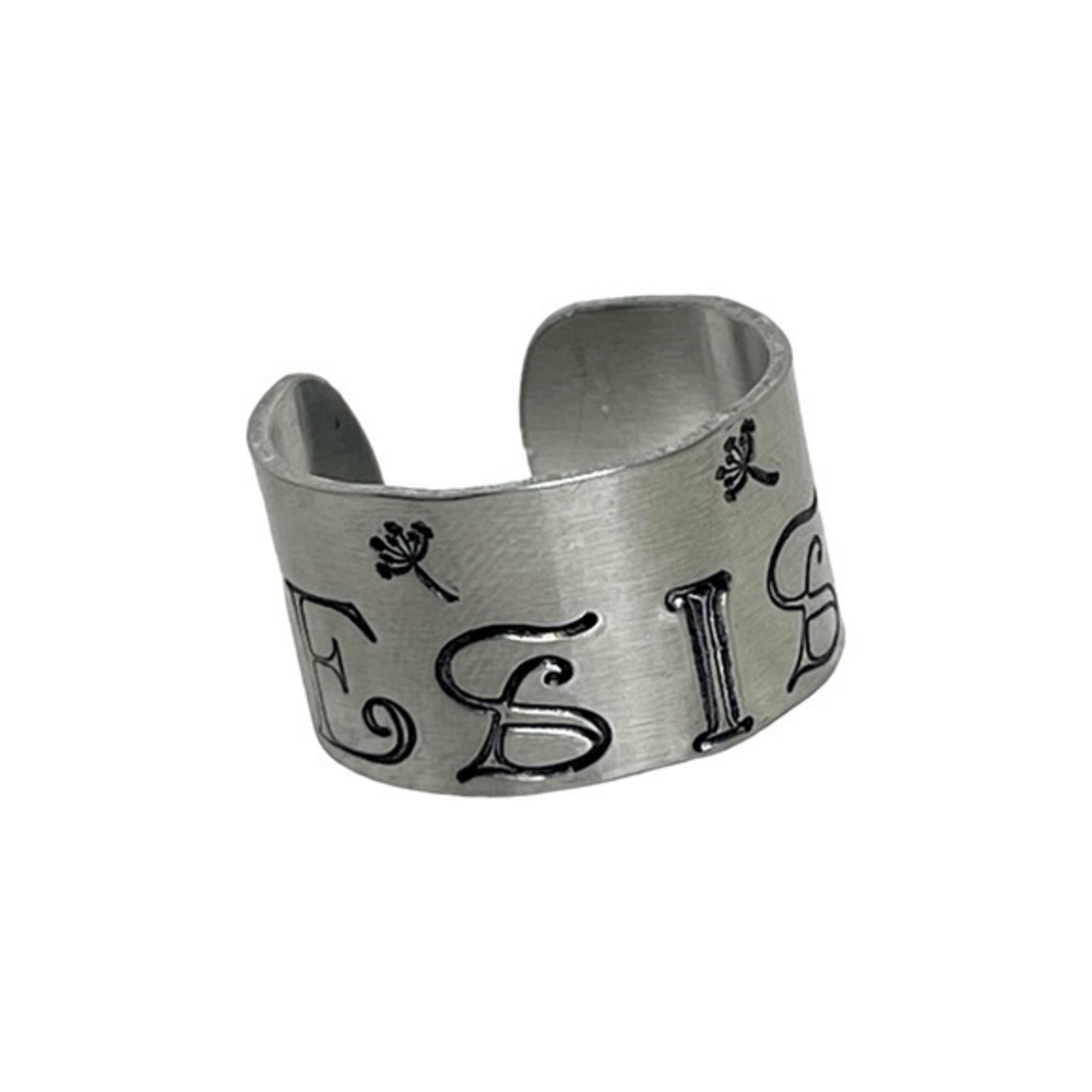 Handmade stamped Resist dandelion silver‎ hypoallergenic adjustable cuff ring